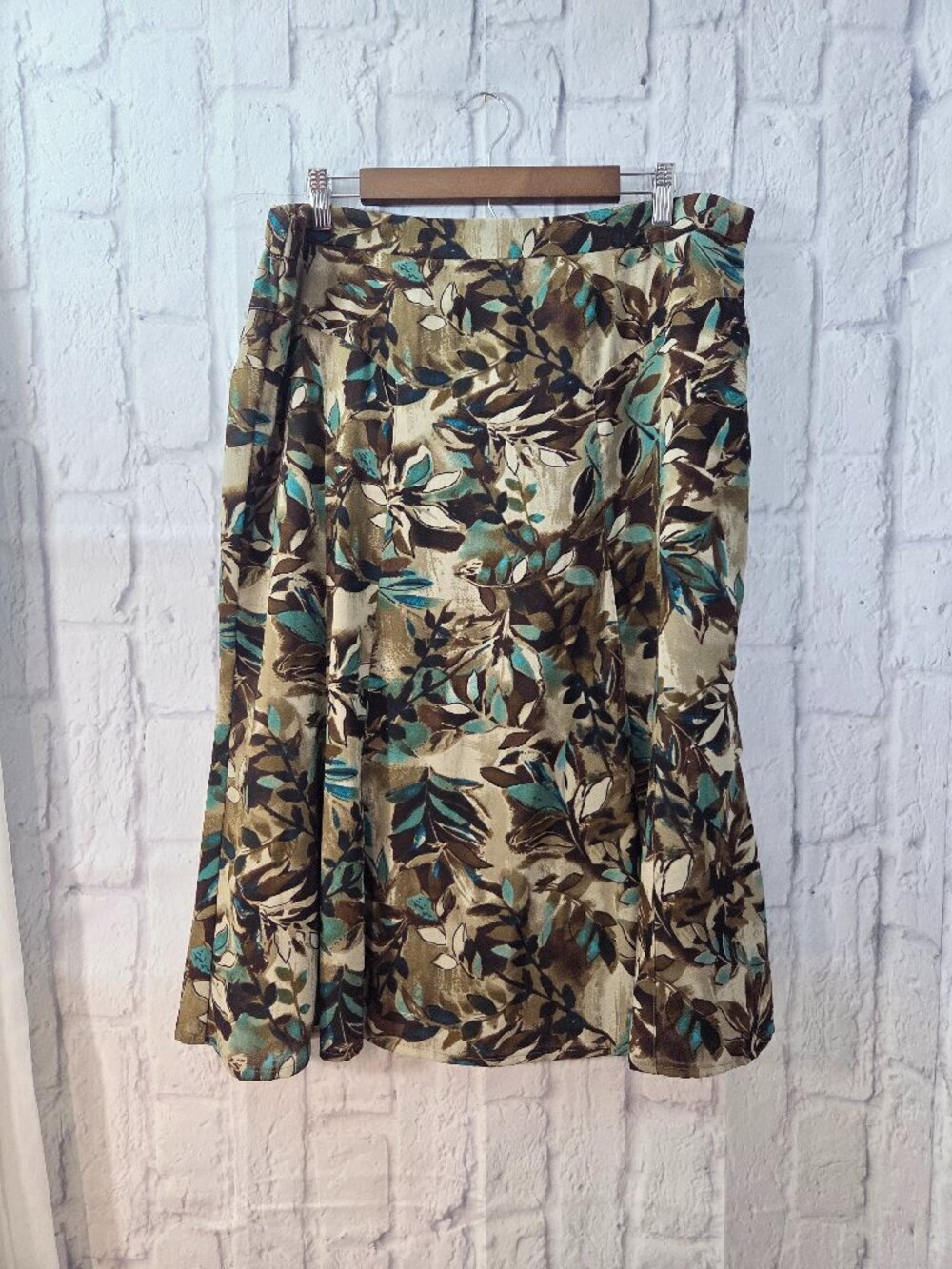 Vintage R.Q.T. Petite XL Brown Teal Leaf Print Flowy Lined High Waist Midi Skirt